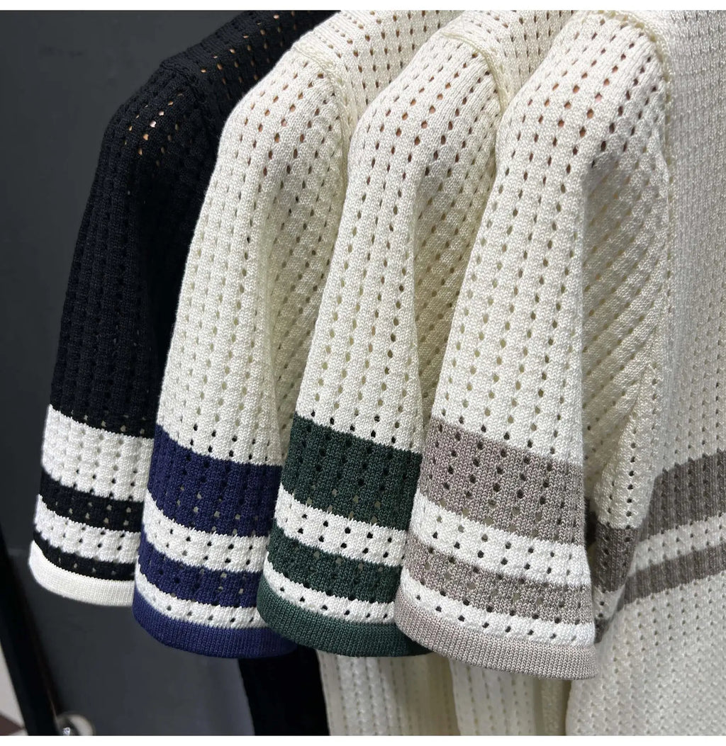 POLO Shirt Knitted Sweater Short-sleeved Men's Hollow Cardigan Striped Old Money Wind Casual T-shirt Summer Men Clothing