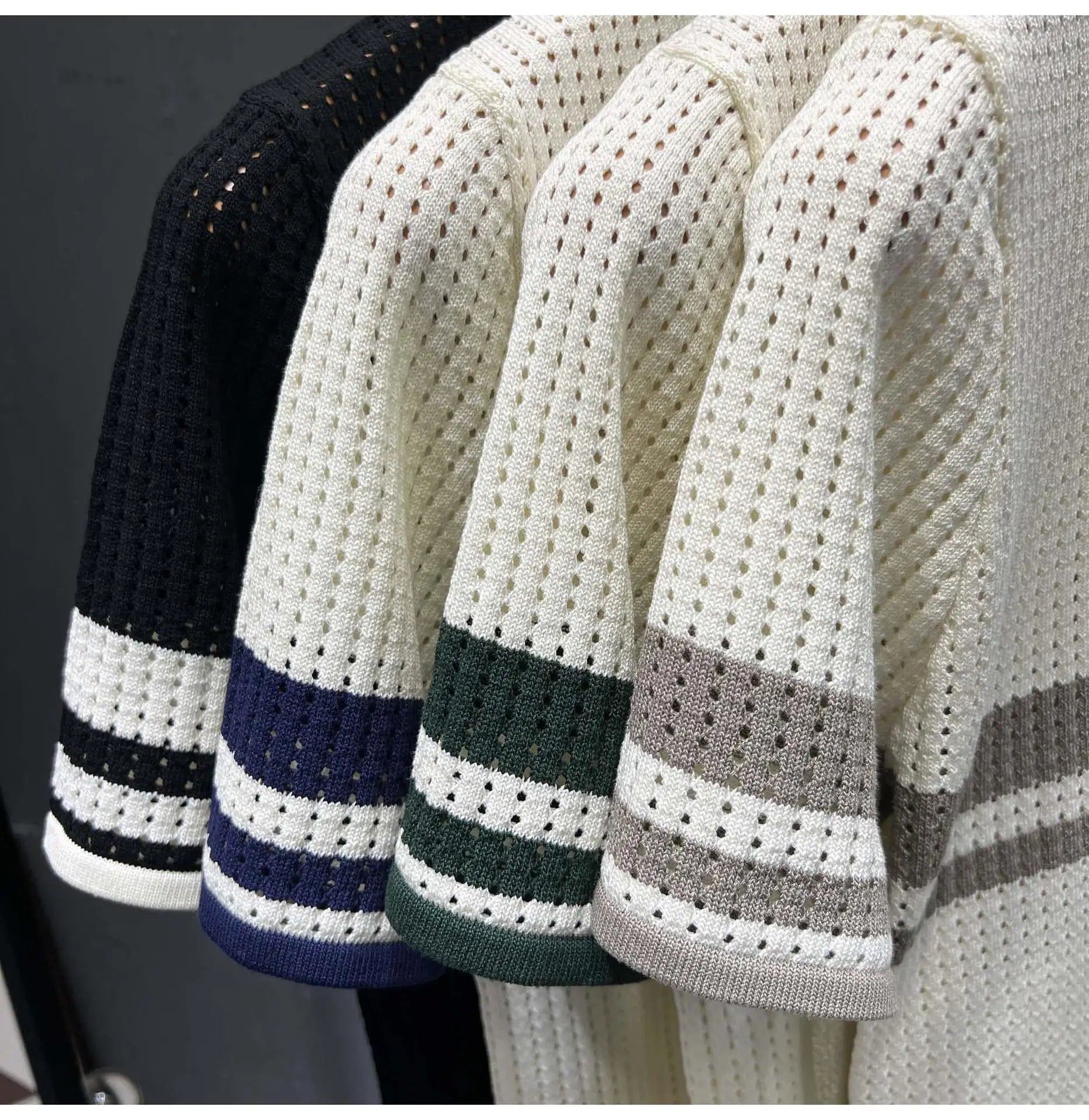 POLO Shirt Knitted Sweater Short-sleeved Men's Hollow Cardigan Striped Old Money Wind Casual T-shirt Summer Men Clothing