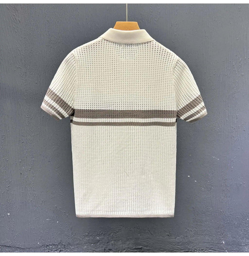 POLO Shirt Knitted Sweater Short-sleeved Men's Hollow Cardigan Striped Old Money Wind Casual T-shirt Summer Men Clothing