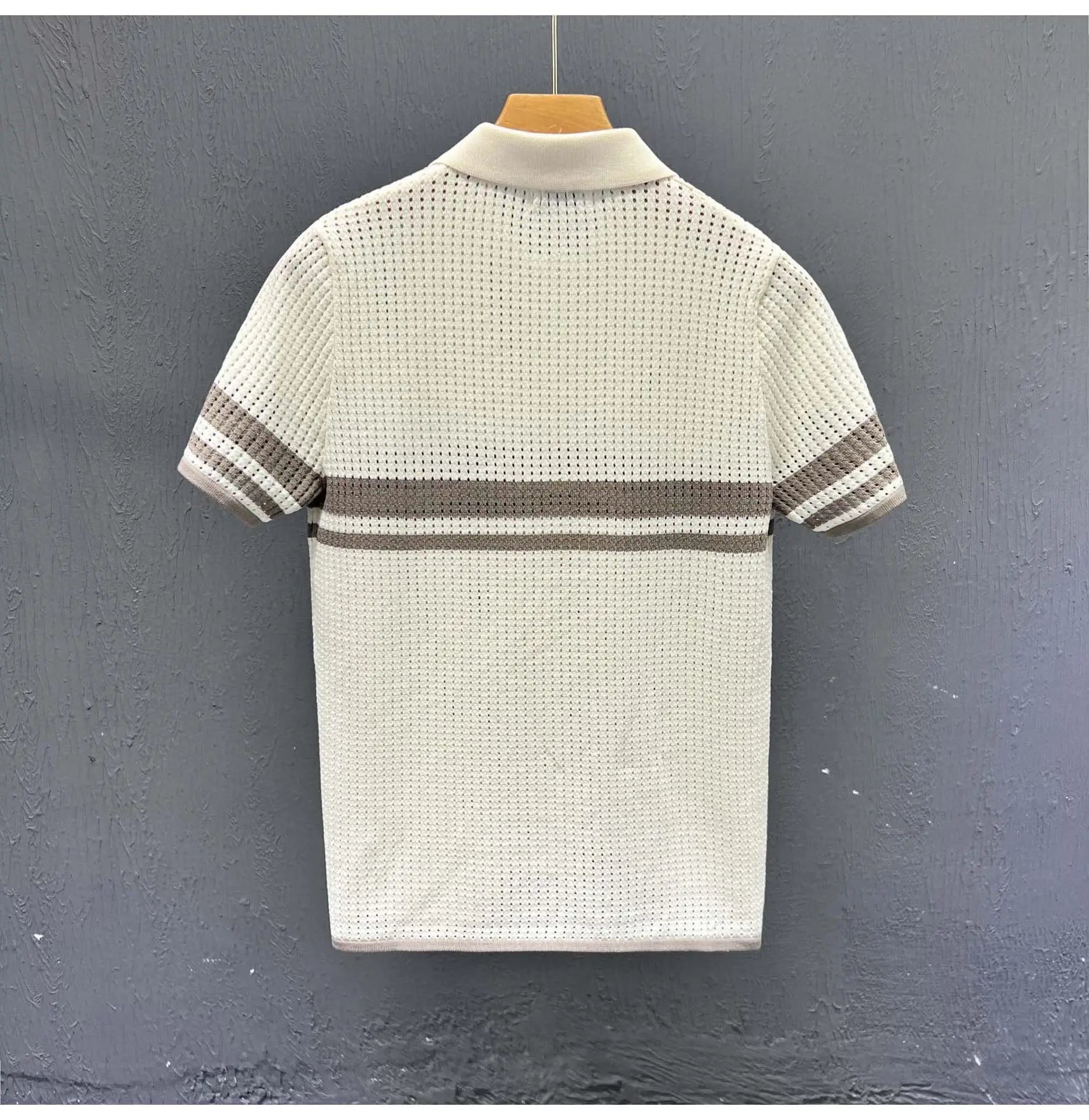 POLO Shirt Knitted Sweater Short-sleeved Men's Hollow Cardigan Striped Old Money Wind Casual T-shirt Summer Men Clothing