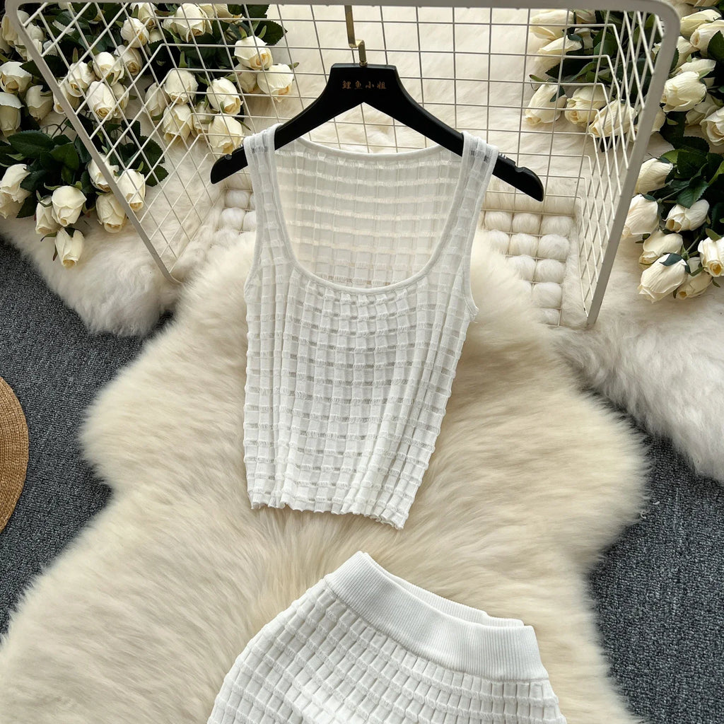 Summer Women Fashion Skirt Set Sexy Sleeveless Tank Tops High Waist Slim Long Saya Female Two Piece Suits Knit Solid Clothes