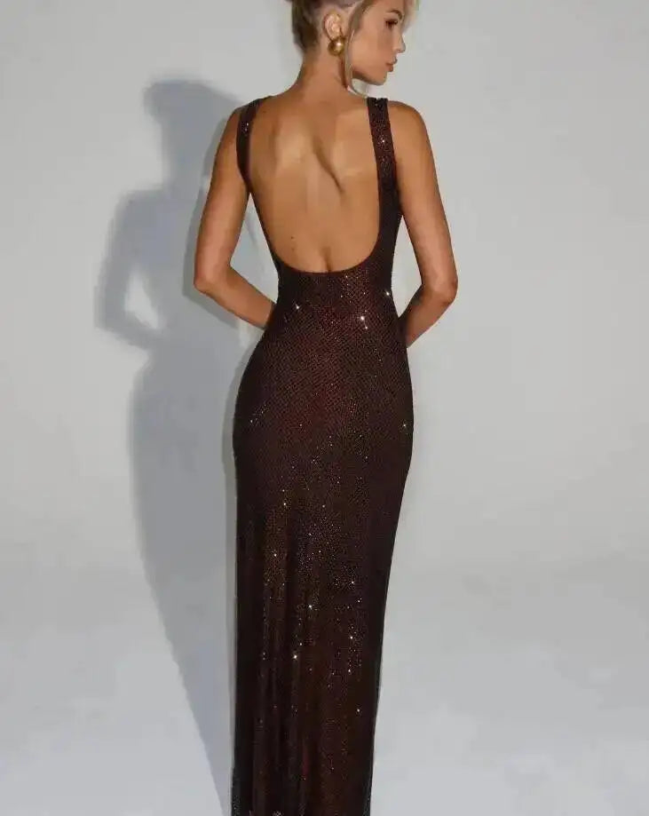 Giyu Sexy Sequined Mesh Diamond Club Evening Party Dresses Women 2025 Summer Autumn Sleeveless Backless Bodycon Maxi Long Dress