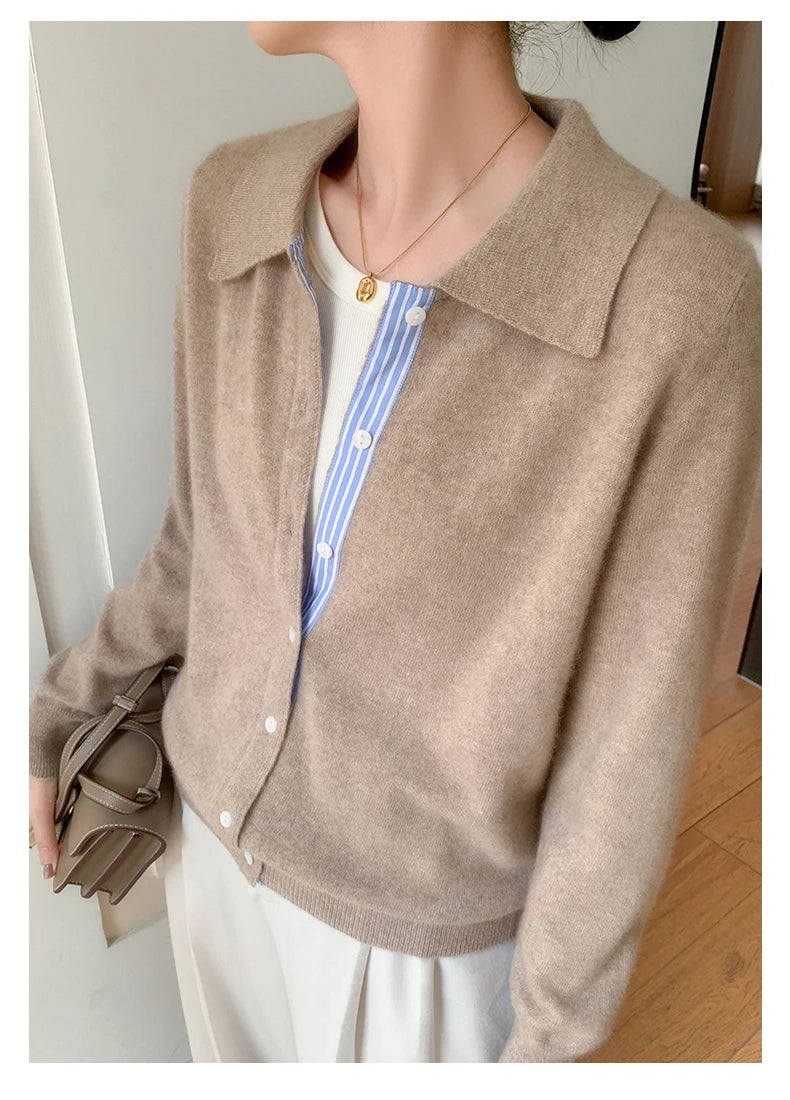 Women's Polo Collar Shirt Cardigan Merino Wool Sweater Long-sleeve Color Bar Clothing Spring Autumn Warm Knitwear Female Top