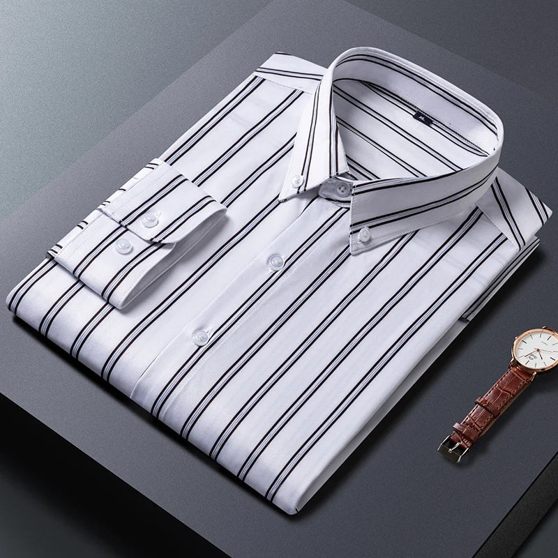 Mens Striped Shirts Korean Fashion Business Formal Wear Long Sleeve Men's Social Shirt Dress Slim Fit Elastic Office Blouse Male