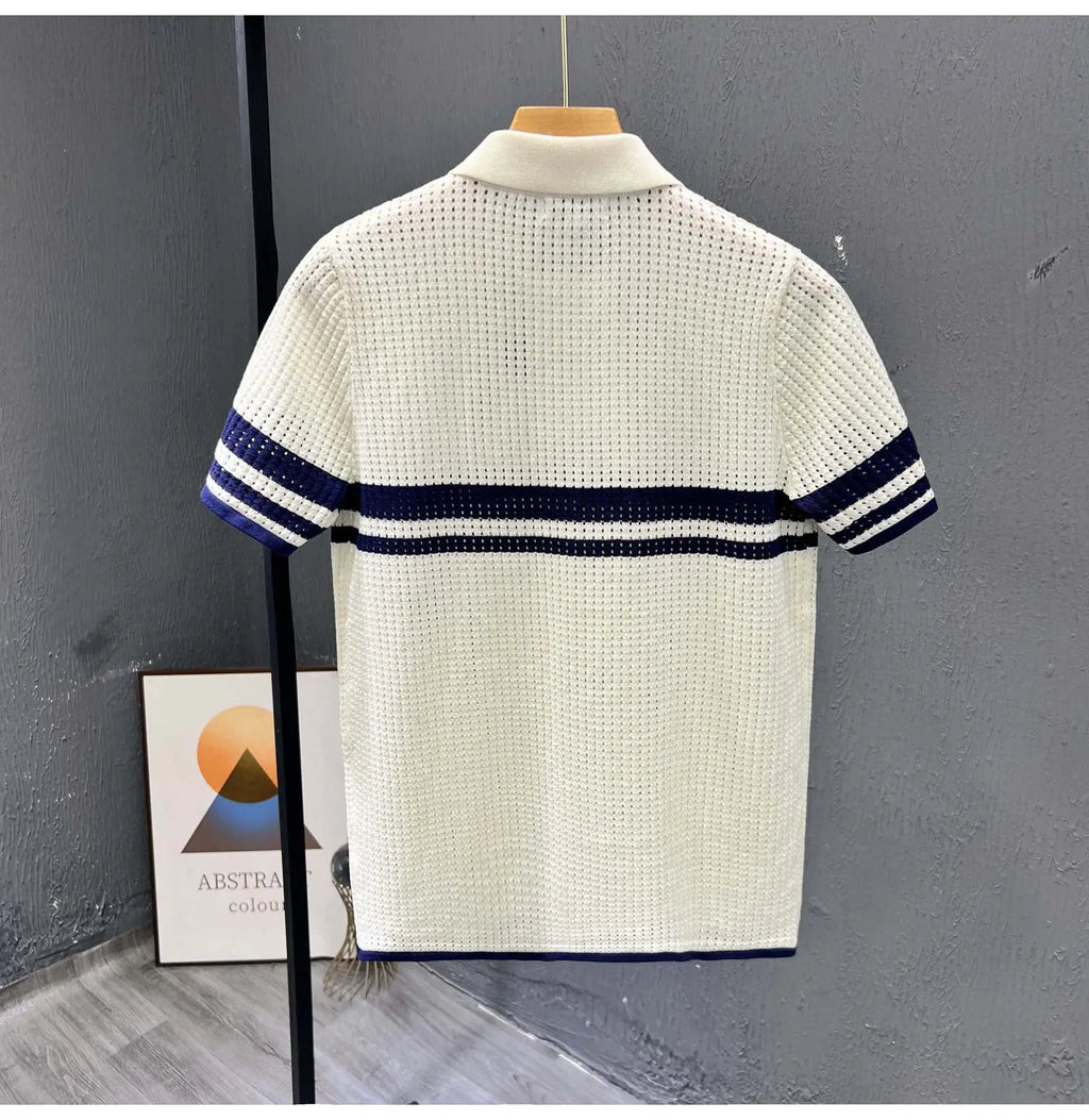 POLO Shirt Knitted Sweater Short-sleeved Men's Hollow Cardigan Striped Old Money Wind Casual T-shirt Summer Men Clothing