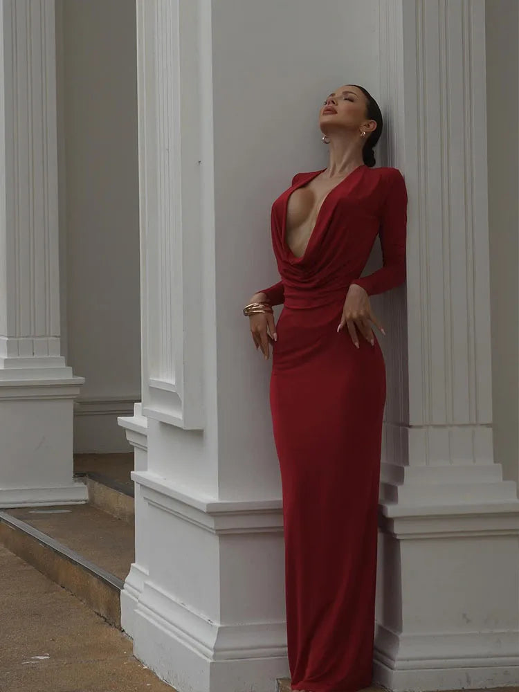 Party Dresses For Women Fashion Sexy Partywear Solid Full Sleeve Deep Swinging Collar Slim Hip Wrap Ling Vestidos Robes Female