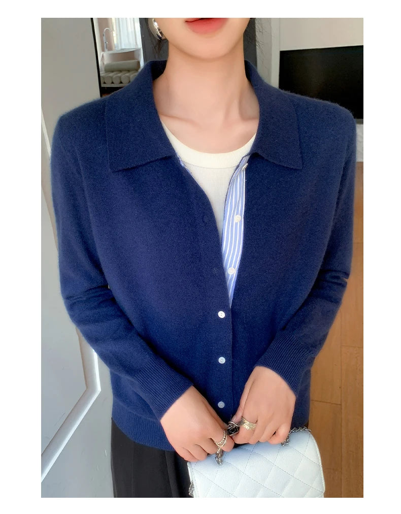 Women's Polo Collar Shirt Cardigan Merino Wool Sweater Long-sleeve Color Bar Clothing Spring Autumn Warm Knitwear Female Top