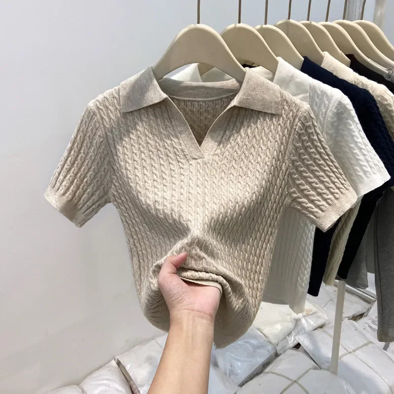 Polo Neck Knit Sweater Women Short Sleeve T-shirt High-end Slim Korean Chic High-end Tops Patchwork Women Clothing Thin Pullover