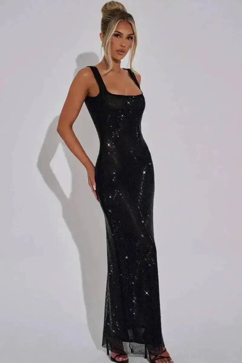 Giyu Sexy Sequined Mesh Diamond Club Evening Party Dresses Women 2025 Summer Autumn Sleeveless Backless Bodycon Maxi Long Dress