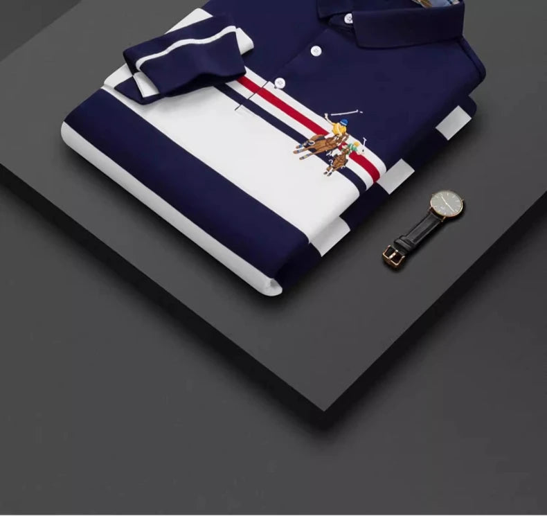 Polo Shirt Man Long Sleeve Cotton Casual Striped Polo Shirt Men Fashion Lapel Button Shirt Embroidery High Quality Breathable