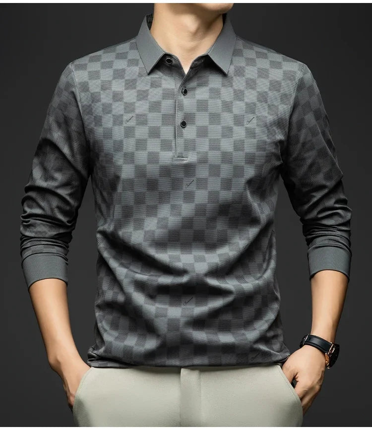 Polo Shirts for Man Autumn Business Slim Fit Long Sleeve T Shirt Men New Casual Loose Pullover Plaid Men Tops & Tees