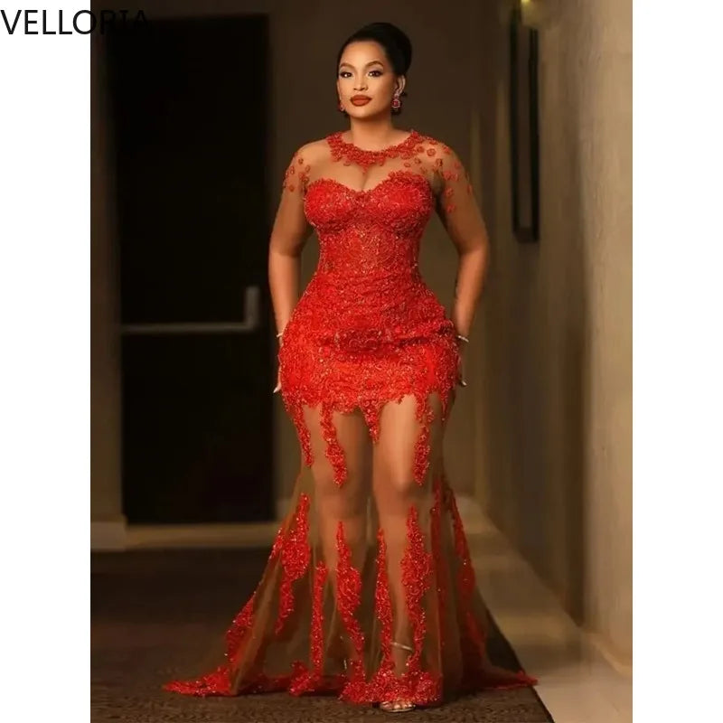 Red Lace Midi Party Dress African Women Sexy Sheer Illusion Neckline Beaded Gown with High Slit Short Cocktail Dress Customized