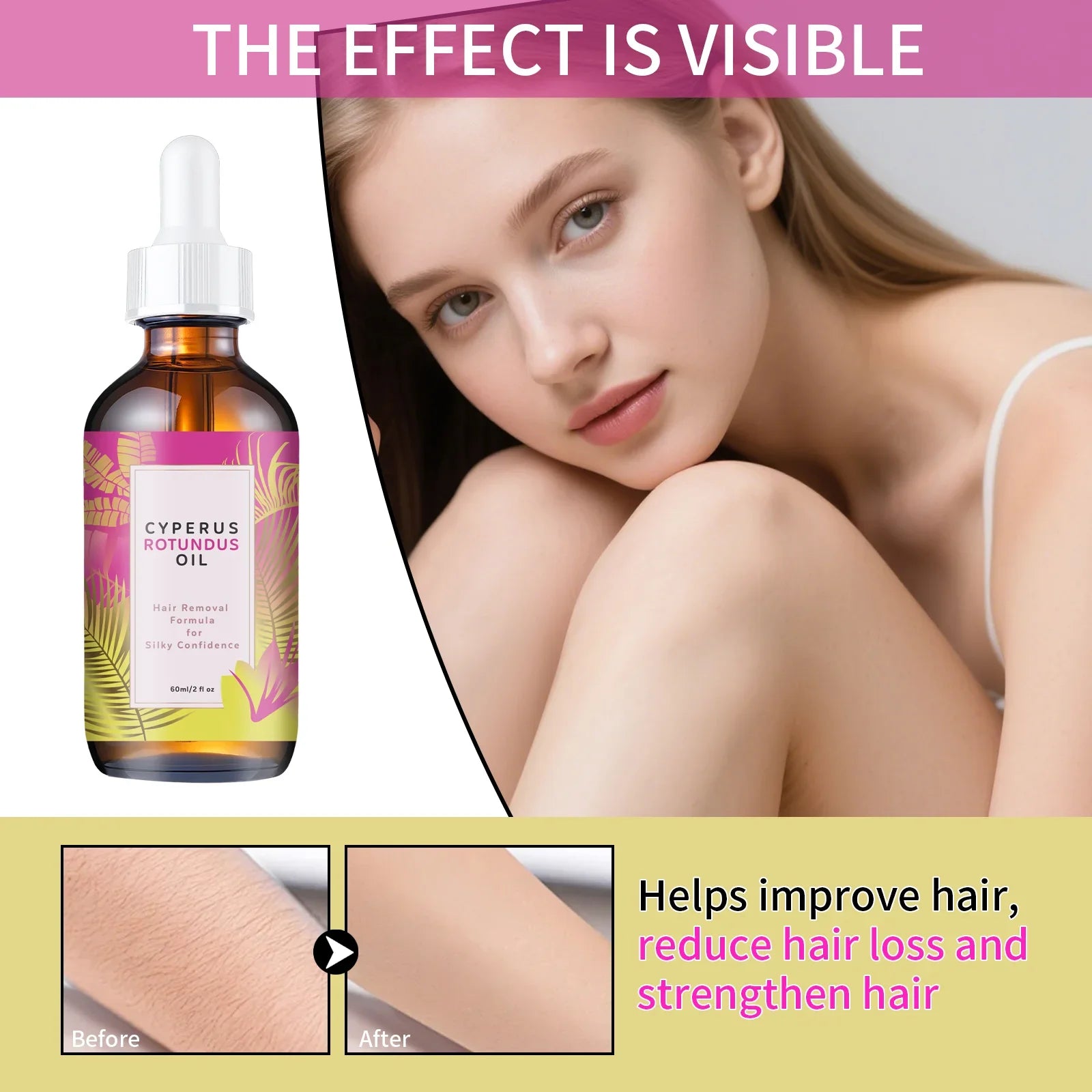 Hair Removal Oil 60ml - Natural Hair Growth Inhibitor with Jojoba & Almond Oil, Gentle Formula for Smooth Skin, All Skin Types