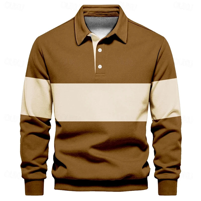 Simple Fashion Striped Polo Shirts For Men Casual Autumn Long Sleeve 3D Printed Golf Polo Shirt Loose Breathable Lapel Tops