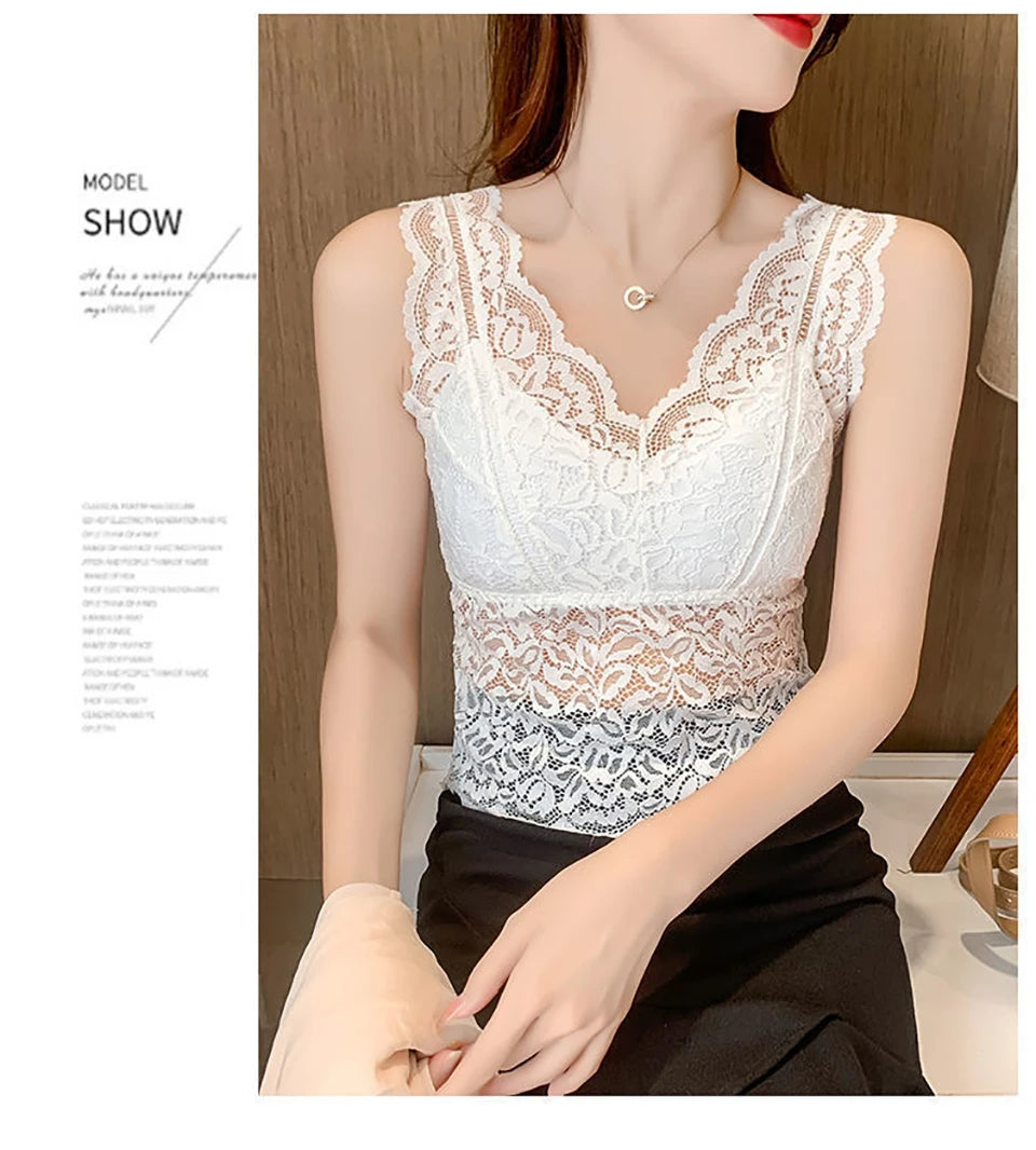 Summer Sexy Deep V Lace Vest With Breast PadsEmbroidery Floral Tank Top Wrapped Chest Camisole Padded Crop Tank Top For Women