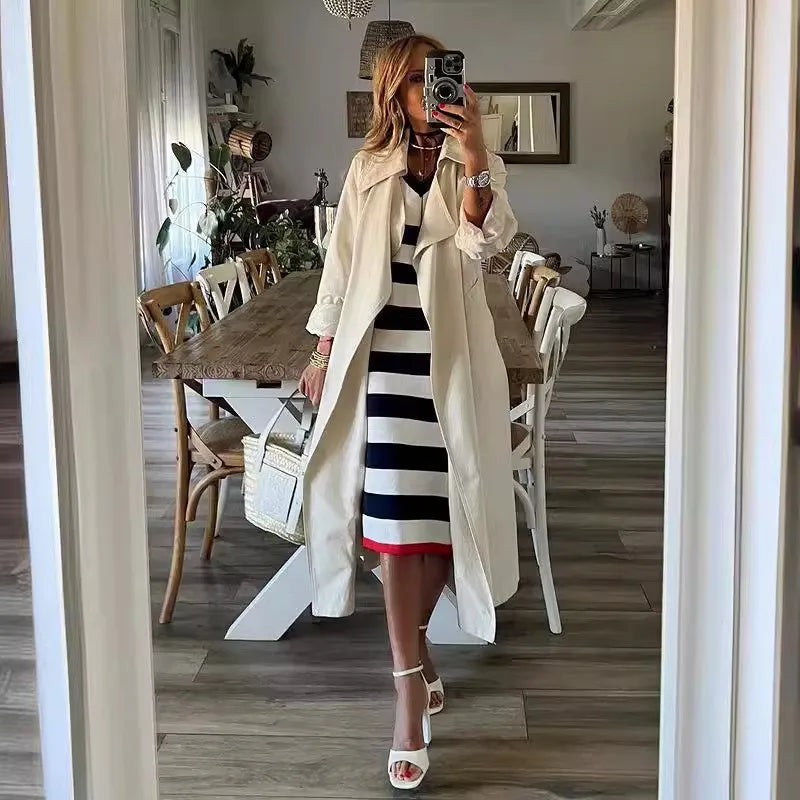 Black White Striped Pullover Dress For Women 2026 Summer New Style Striped V-neck Hem Slit Casual Loose Dress Ladies Vestidos