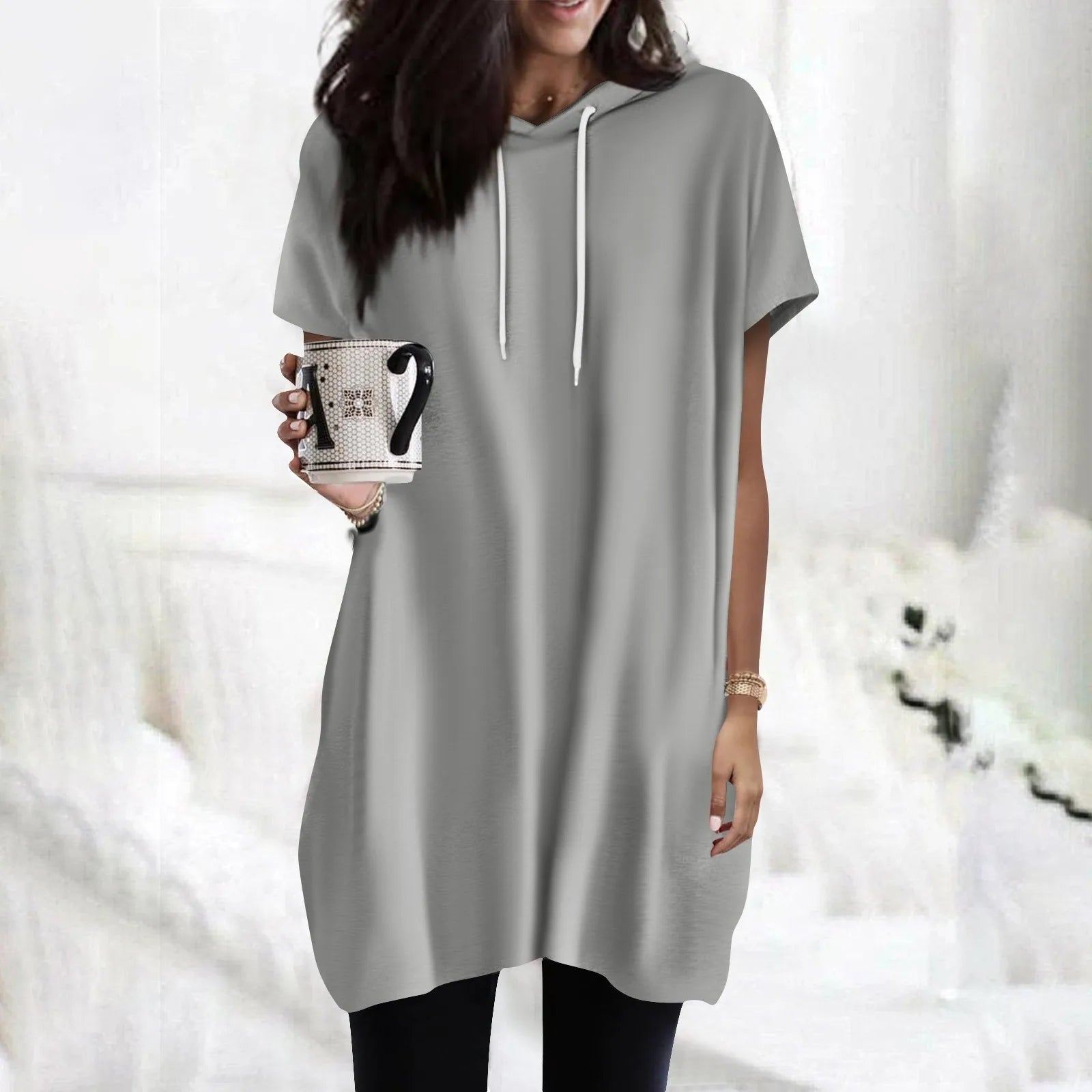 Hoodies Oversized Solid Color Daily Short Sleeve Long Shirts Fashionable Basics Minimalist Comfortable Top Or Dress With Pockets