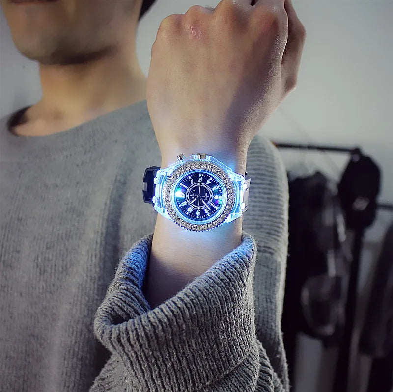 LED Light Flash Luminous Watches Women Men Boys Girls Silicone Wrist Watch Fashion Rhinestone Clock Kids Children Relogio Saati