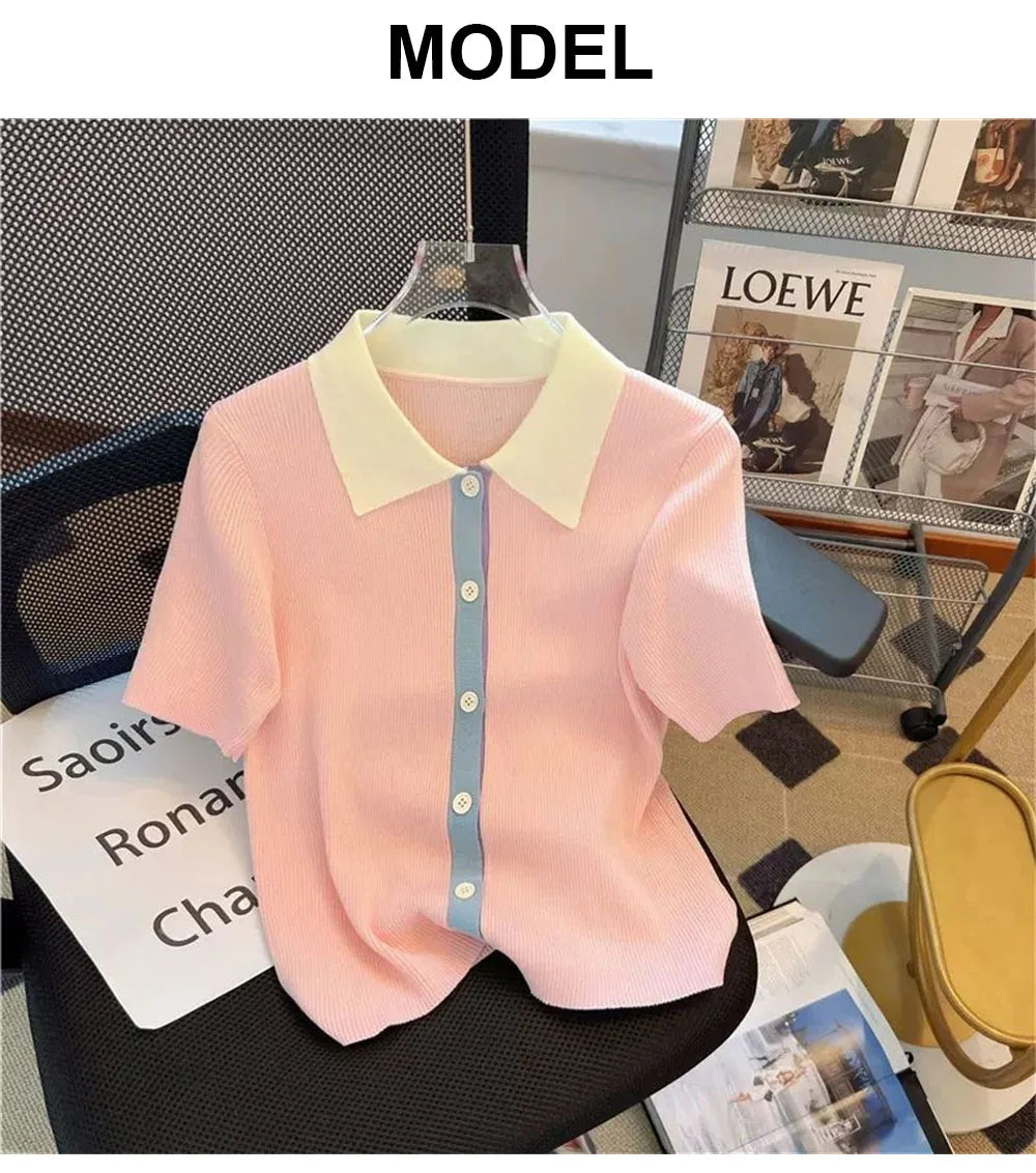POLO collar short sleeved knitted shirt for women, summer color blocking versatile T-shirt, plus size slimming top