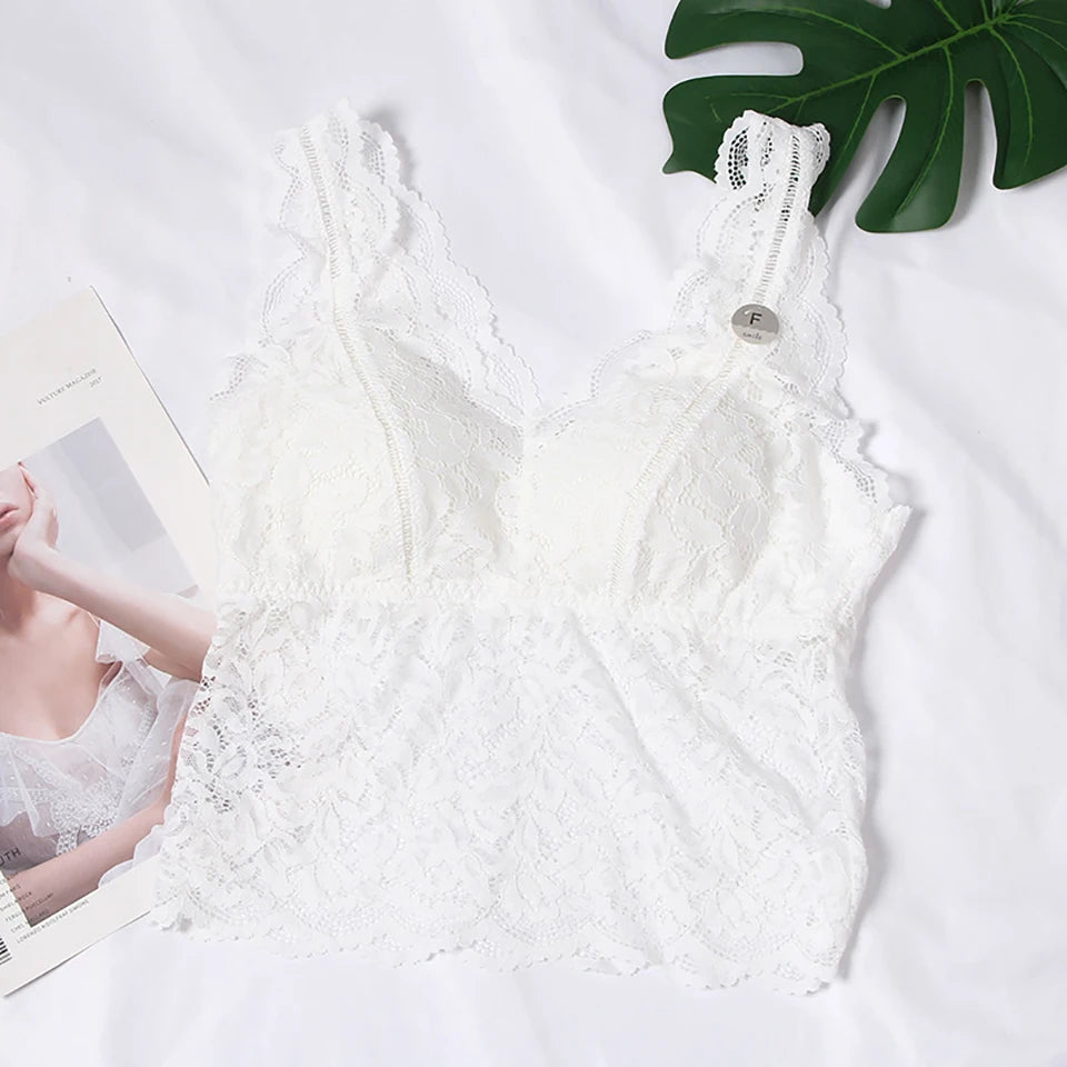 Summer Sexy Deep V Lace Vest With Breast PadsEmbroidery Floral Tank Top Wrapped Chest Camisole Padded Crop Tank Top For Women