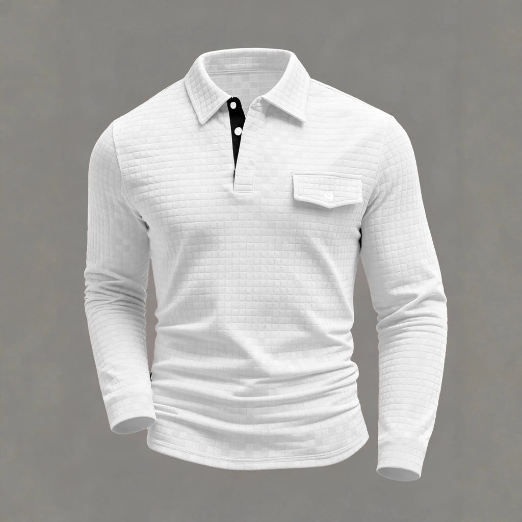 Spring Autumn Men's Classic Polo Shirt - Daily Casual Design with Chessboard Pattern Patch Pockets on the Collar and Long Sleeve