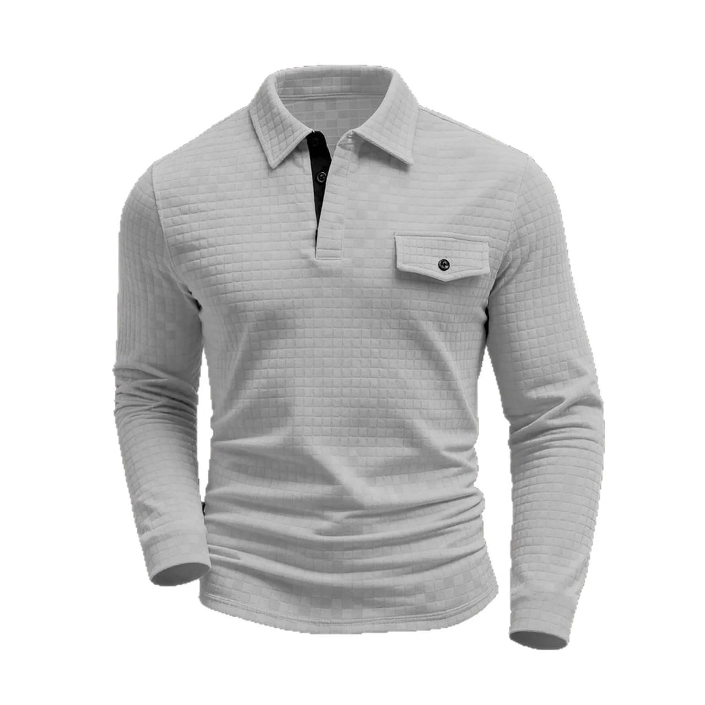 Spring Autumn Men's Classic Polo Shirt - Daily Casual Design with Chessboard Pattern Patch Pockets on the Collar and Long Sleeve