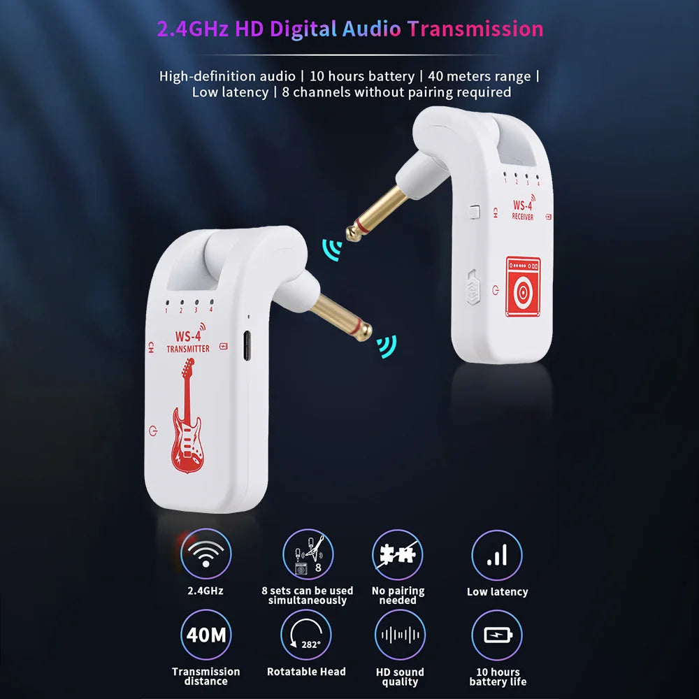 2.4G Wireless Guitar System Rechargeable Guitar Transmitter Receiver 48K/16bit Real-time Transmission Rotatable Plug for Guitars