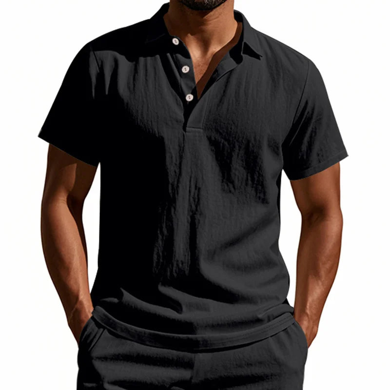 High-Quality Cotton Linen Short-Sleeved POLO Shirt Men Casual Loose Comfortable Shirt summer tees Button turn-down collar tops
