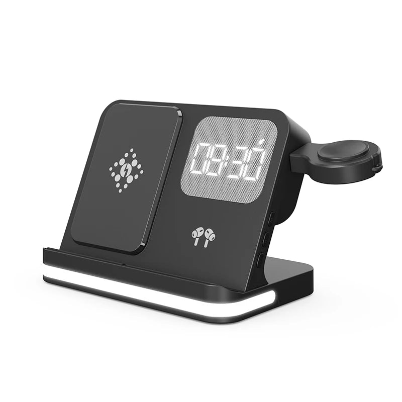 Mobile wireless charger, headphones, and watches can both be charged with clock function