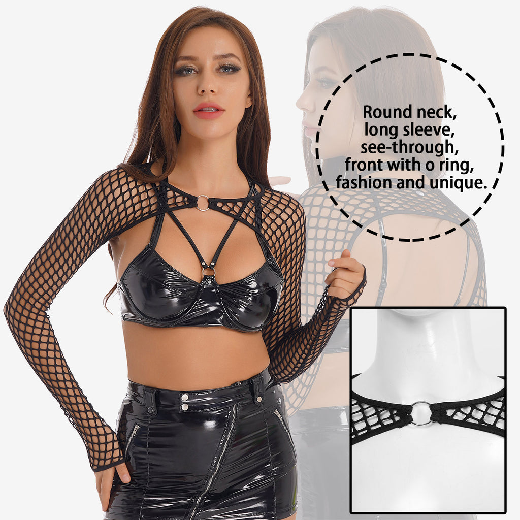 Summer Women T-Shirt Sexy Hip Hop Gothic Female Super-short O Ring Hollow Out Fishnet Long Sleeve Crop Tops Rave Party Clubwear