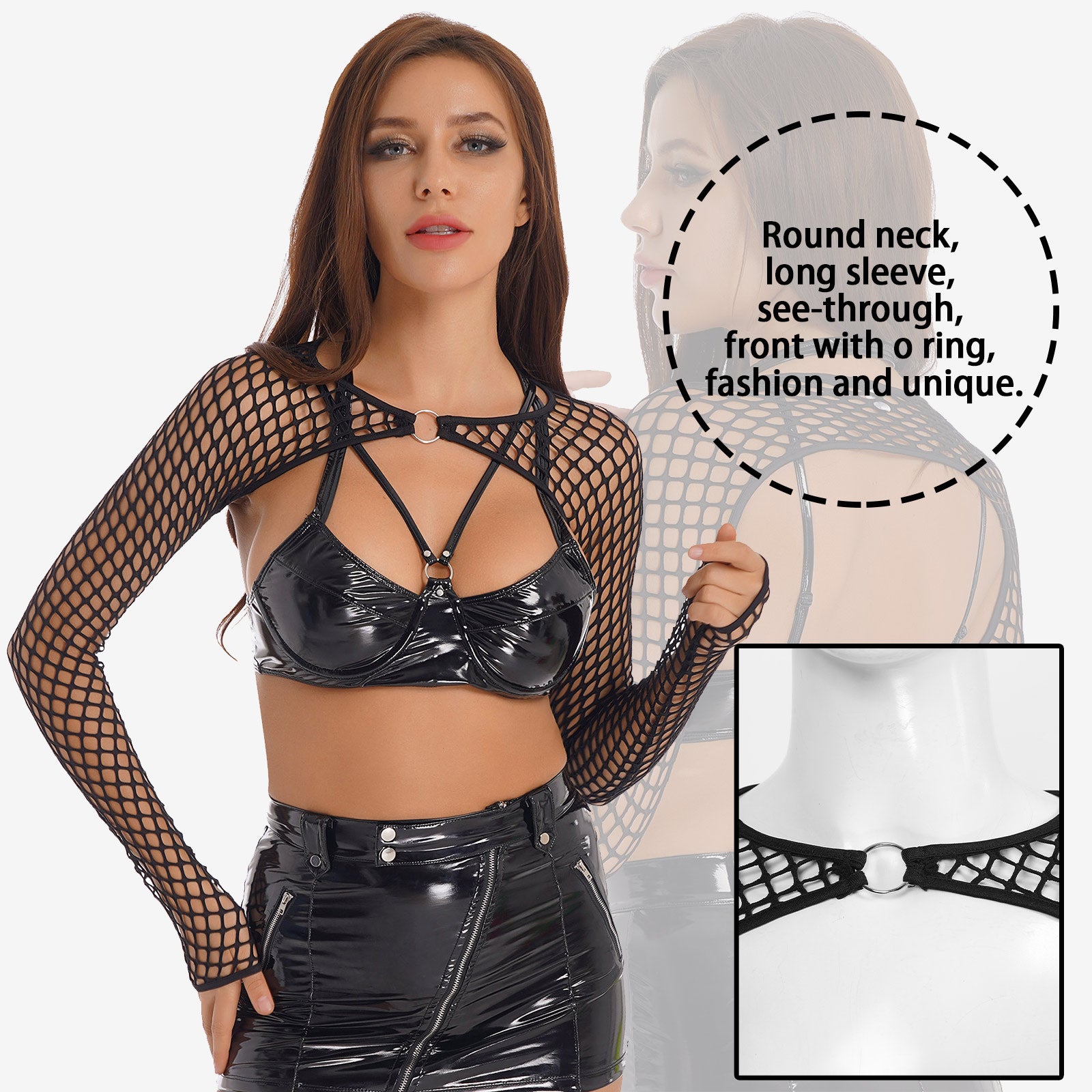 Summer Women T-Shirt Sexy Hip Hop Gothic Female Super-short O Ring Hollow Out Fishnet Long Sleeve Crop Tops Rave Party Clubwear