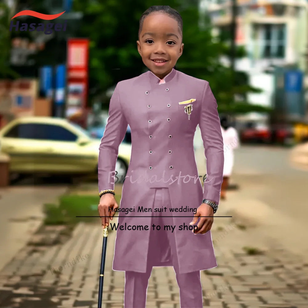 Burgundy Boys Suit 2 Piece Double Breasted Jacket Wedding Kids Tuxedo Long Blazer Formal Party Performance Wear