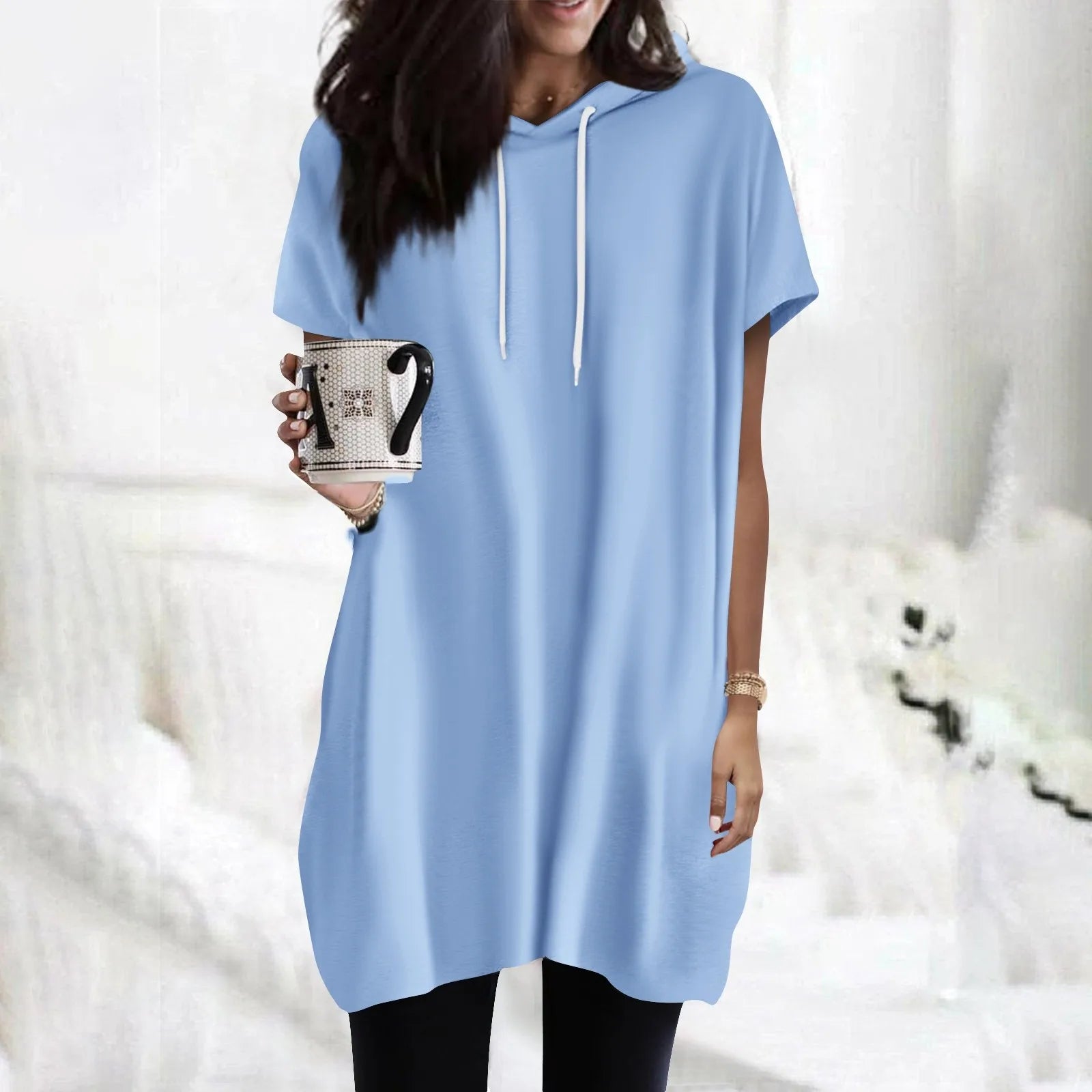 Hoodies Oversized Solid Color Daily Short Sleeve Long Shirts Fashionable Basics Minimalist Comfortable Top Or Dress With Pockets