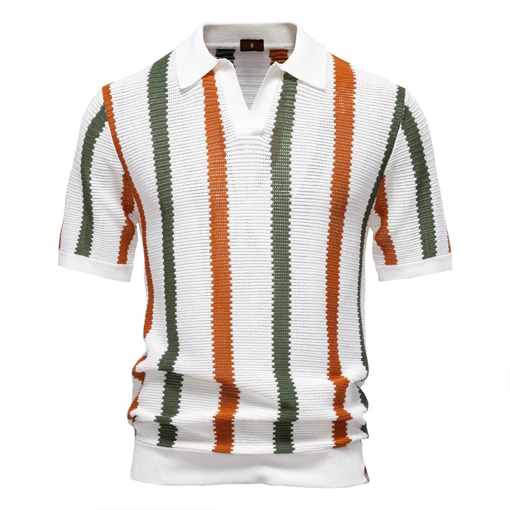 New summer men's short-sleeved striped knitted POLO shirt with hollow-out design and breathable mesh fabric.
