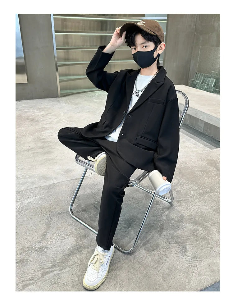 Suit for Boys Autumn Fashion Casual Loose Blazer Trousers Two Pieces Teen School Kids Clothes Set 13 14 Years Children Costumes