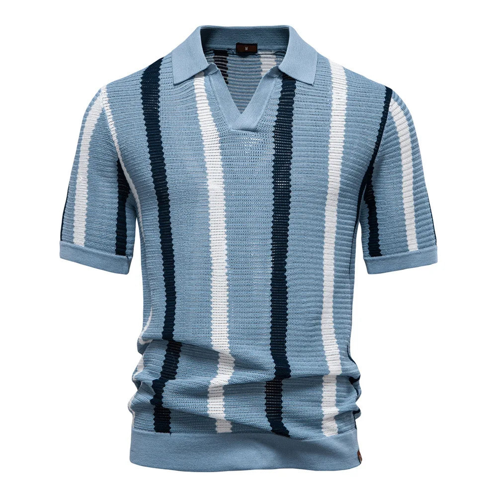 New summer men's short-sleeved striped knitted POLO shirt with hollow-out design and breathable mesh fabric.
