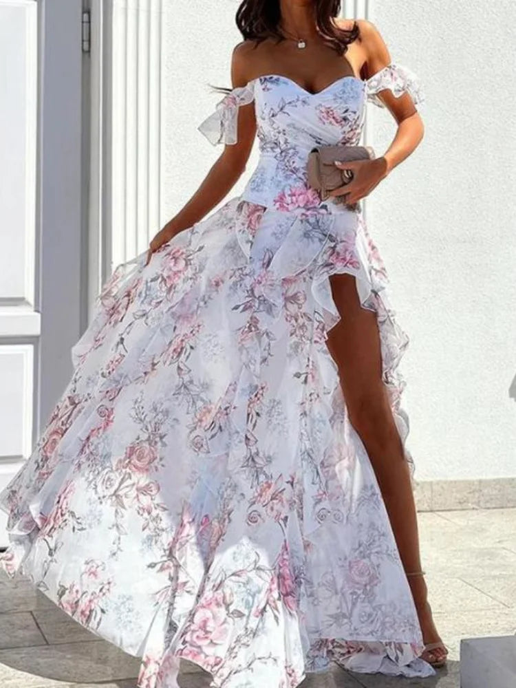 Elegant Party Dresses for Women 26 New Casual Fashion Print Trend Sexy Spicy Girl Off Shoulder Strap Split Waist Dress Vacation