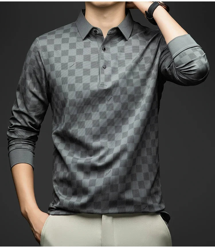 Polo Shirts for Man Autumn Business Slim Fit Long Sleeve T Shirt Men New Casual Loose Pullover Plaid Men Tops & Tees