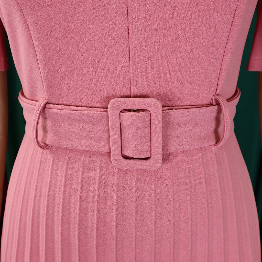 Fashion Ladies Birthday Party Dinner Night Dress New Elegant Pleated Dresses For Women V Neck Short Sleeve Belt Waisted Mid Calf