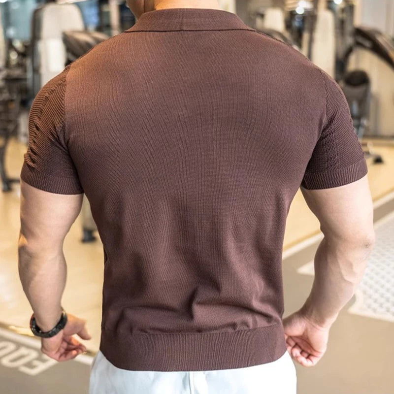 Men's Short Sleeved Knitted Polo Shirt Summer Business Lapel Stylish Solid Color Slim Fit Breathable Quick Drying Golf T-Shirt