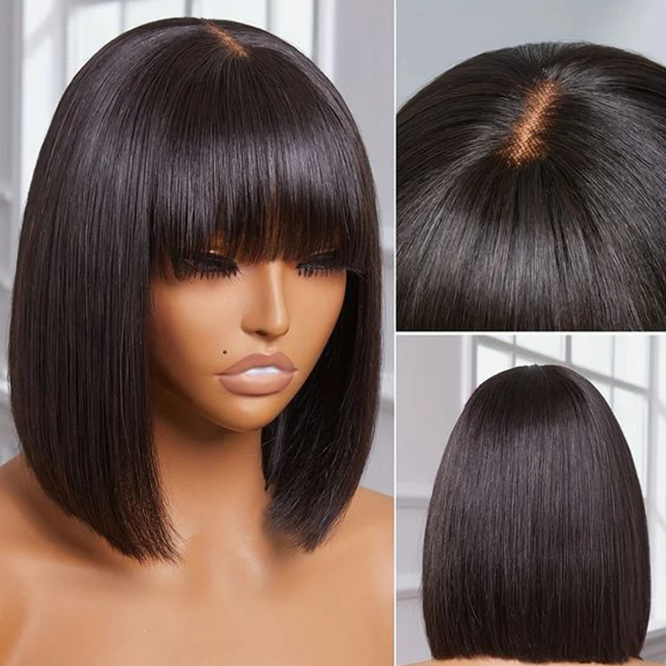 Straight Bob Lace Wigs Glueless Straight Human Hair Wigs With Bangs Brazilian Fringe Middle Part Bob Lace Wigs Realistic Scalp