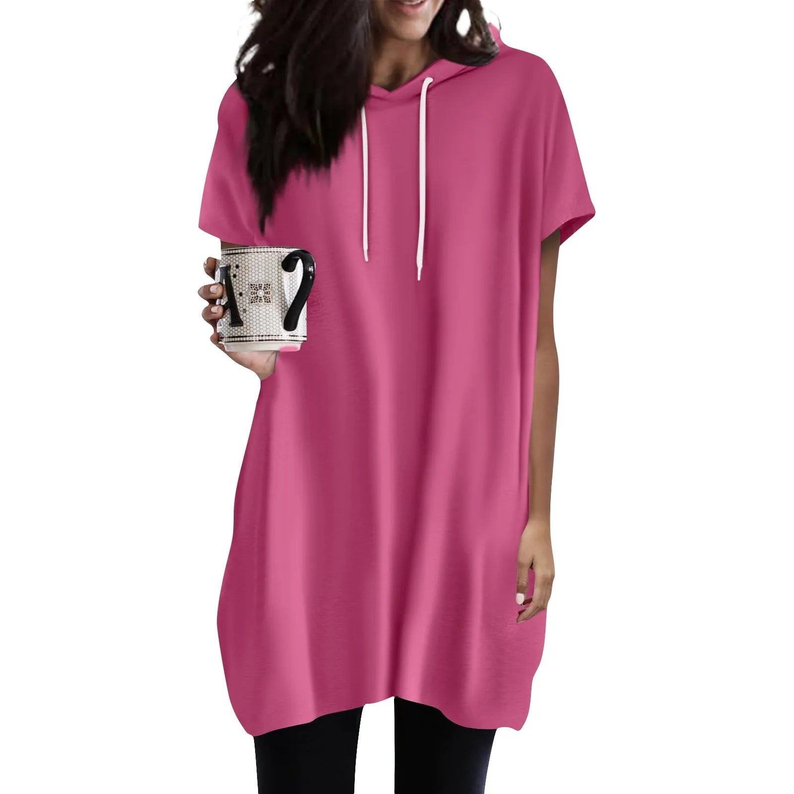 Hoodies Oversized Solid Color Daily Short Sleeve Long Shirts Fashionable Basics Minimalist Comfortable Top Or Dress With Pockets