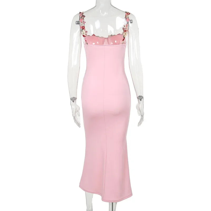 Y2K Sexy Sleeveless Backless Floral Maxi Long Dresses Outfits for Women Summer Lace Up Bandage Bodycon Party Club Dress Gift