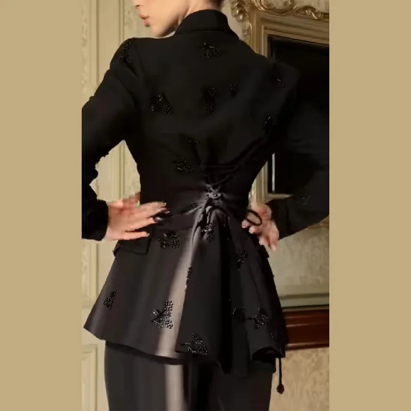 Vintage Beading Blazer Jacket Pant Lapel A Line Lace Up Suit Coat Big Leg Casual Loose Suit Pant 2026 New Lady Commuter Outfits