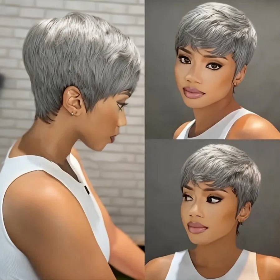 Women's Brazilian Grey Human Hair Wig - full machine made wig Short Straight Layered Pixie Cut, Natural Look with Soft Waves