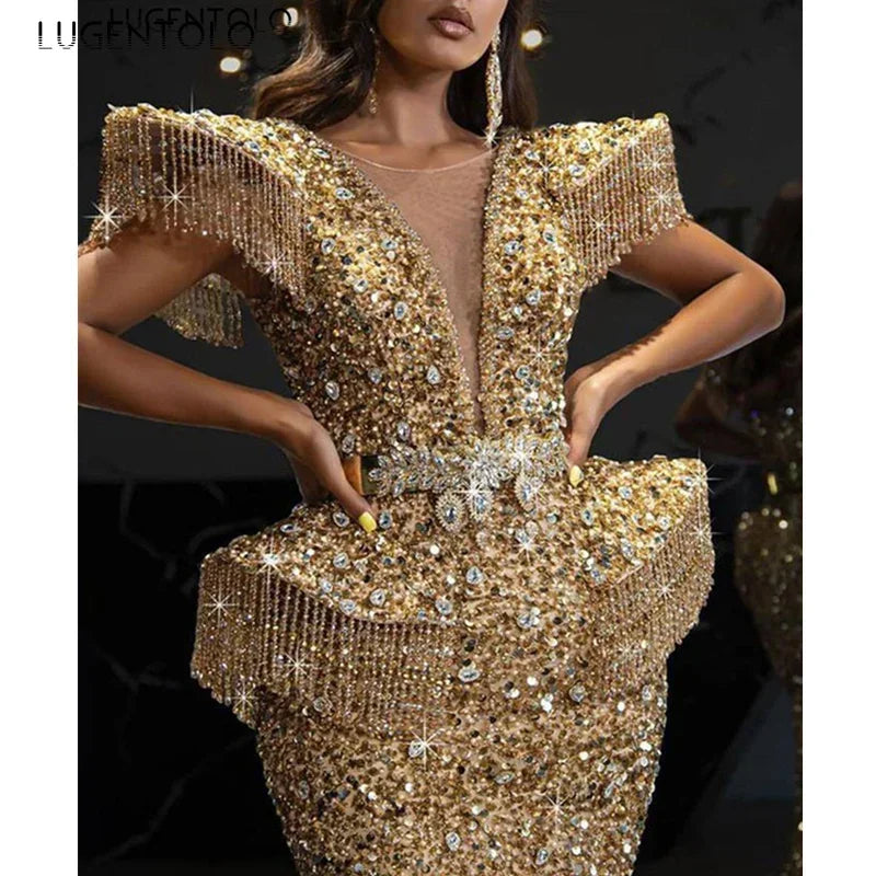 Party Dress Women Spring Autumn Sexy Tassel Sequin Sleeveless O-neck Slim Banquet Dinner Ladies Long Cloth Lugentolo