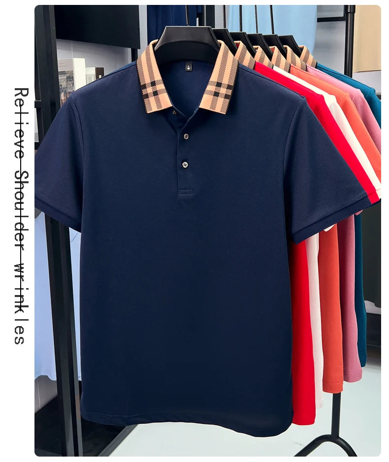 Fashion brand plaid lapel short sleeve polo shirt men summer new style simple solid color high-end business casual golf T-shirt