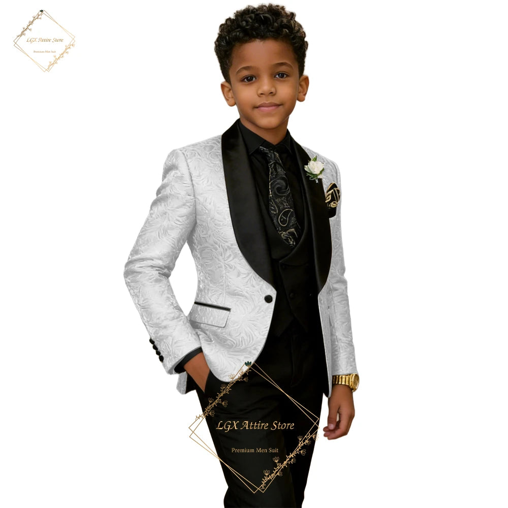 Boys' 3-Piece Suit – Champagne Jacquard Blazer with Black Shawl Lapel, Black Waistcoat & Trousers for Weddings & Events
