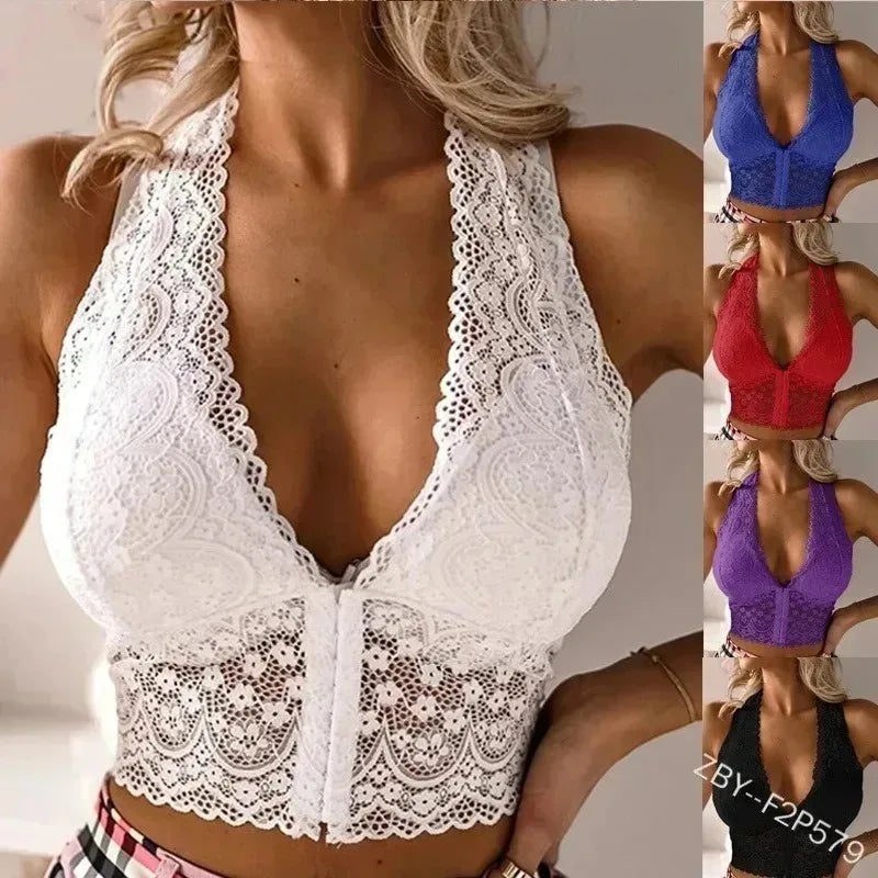 Summer Plus Size Sexy Hot Crop Top for Woman Deep V Neck Embroidery White Lace Y2k Tops Summer Sleeveless Female Clothing