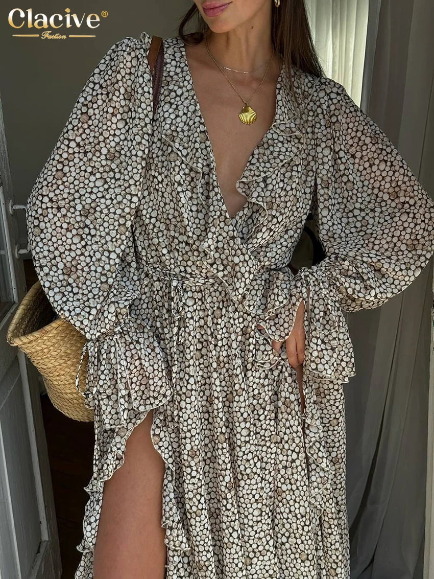 Clacive Fashion Loose Print Women's Dress 2025 Sexy V-Neck Long Sleeve Ankle Length Dresses Elegant Classic Ruffles Female Dress